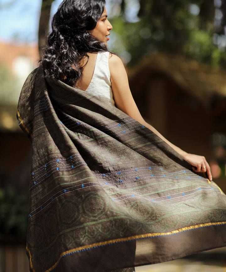 Moss green sico ajrakh block print and embroidery chanderi saree