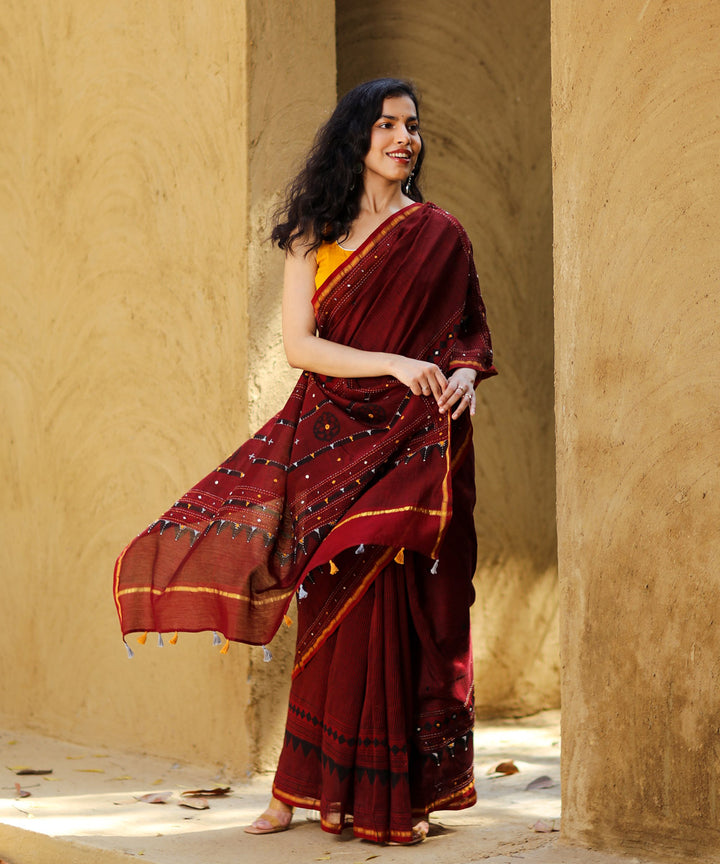 Maroon cotton silk ajrakh block print and embroidery chanderi saree