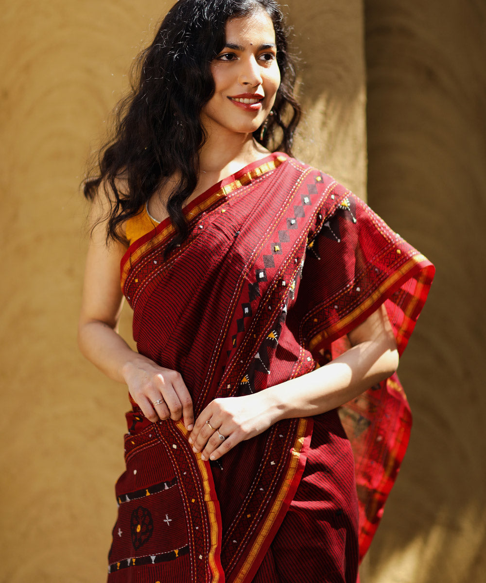 Maroon cotton silk ajrakh block print and embroidery chanderi saree