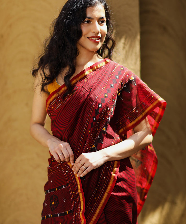 Maroon cotton silk ajrakh block print and embroidery chanderi saree