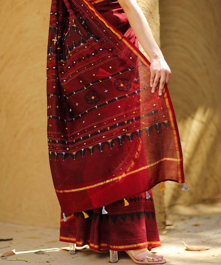 Maroon cotton silk ajrakh block print and embroidery chanderi saree