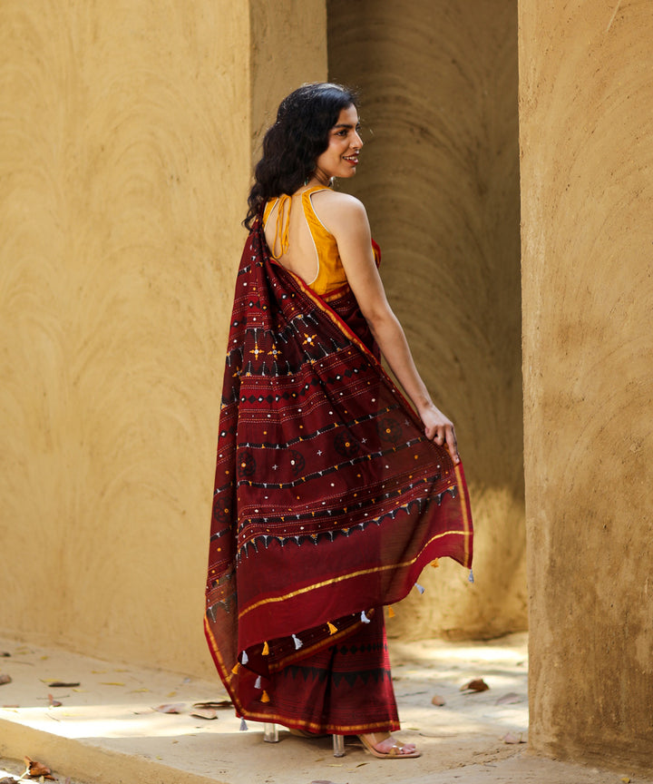 Maroon cotton silk ajrakh block print and embroidery chanderi saree