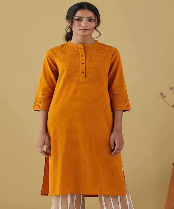 Rangsutra rené mustard long kurta with patterned yoke