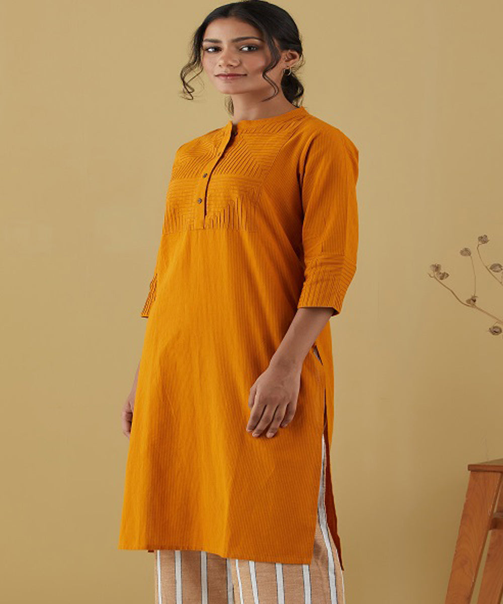 Rangsutra rené mustard long kurta with patterned yoke