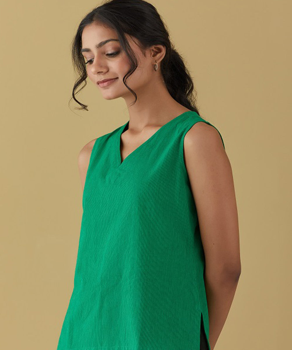 Rangsutra rene sleeveless fitted top with v neckline and slit sides