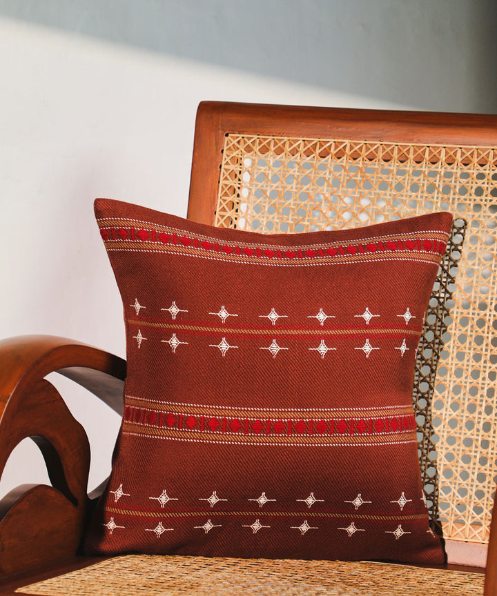 Brown hand woven extra weft cotton cushion cover