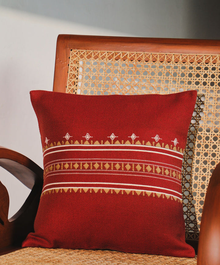Brown handloom extra weft cotton cushion cover