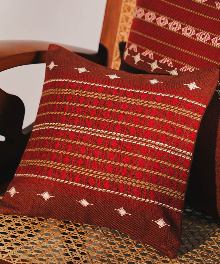 Brown hand loom extra weft cotton cushion cover