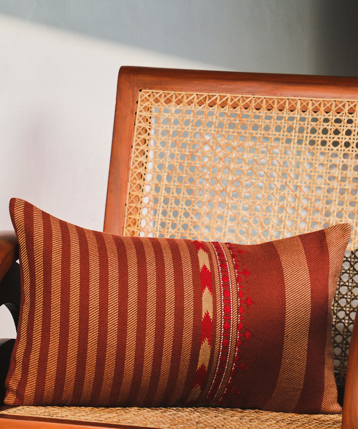 Brown stripe handloom extra weft cotton cushion cover
