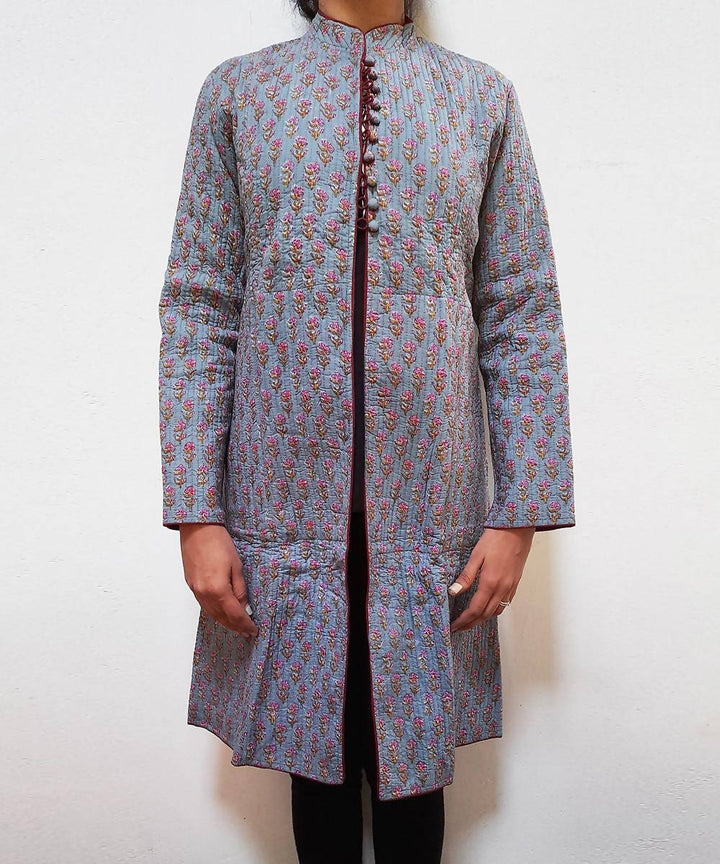 Blue maroon handblock printed cotton quilted long jacket