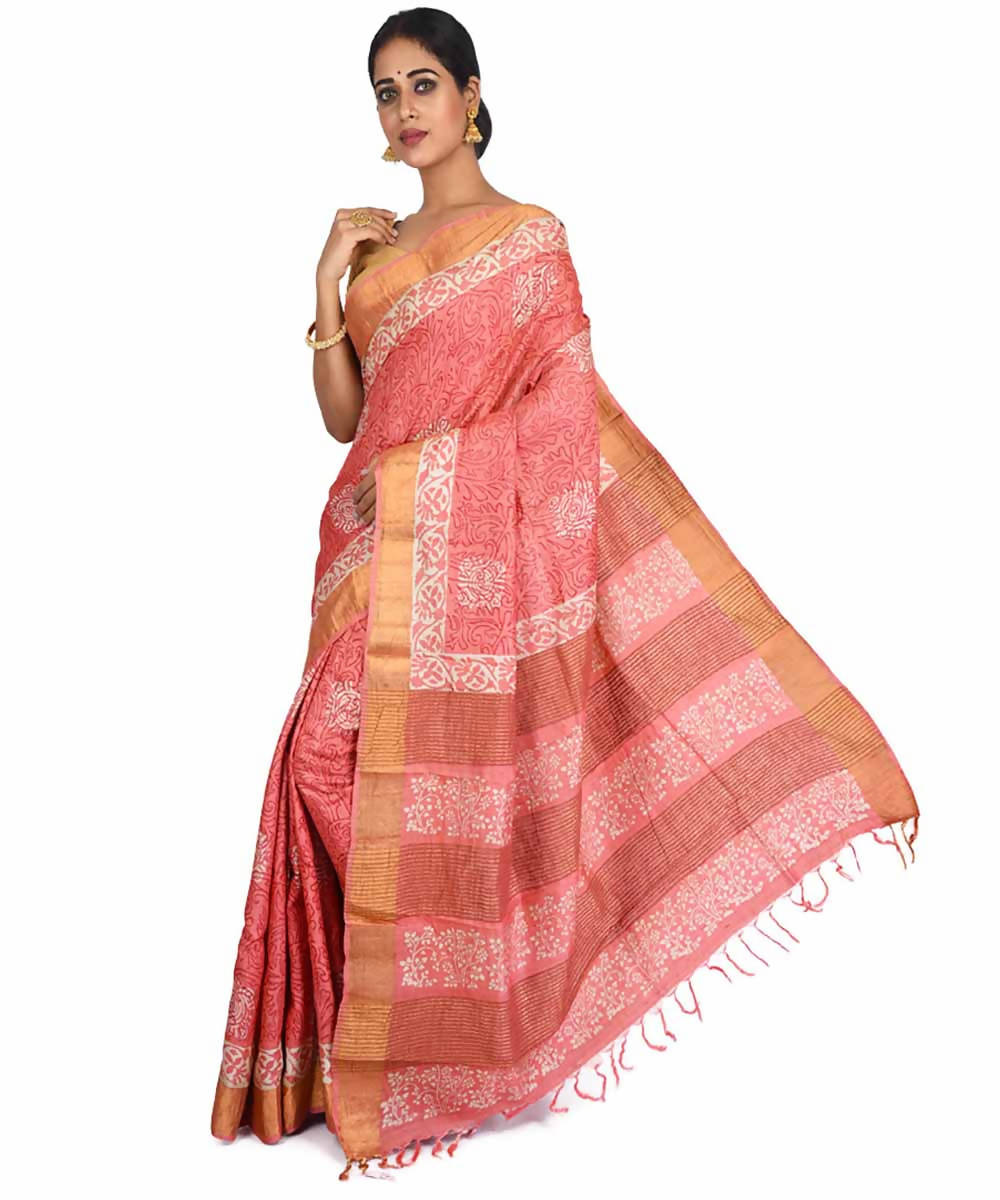 Peach hand block print handwoven mulberry and tussar silk saree