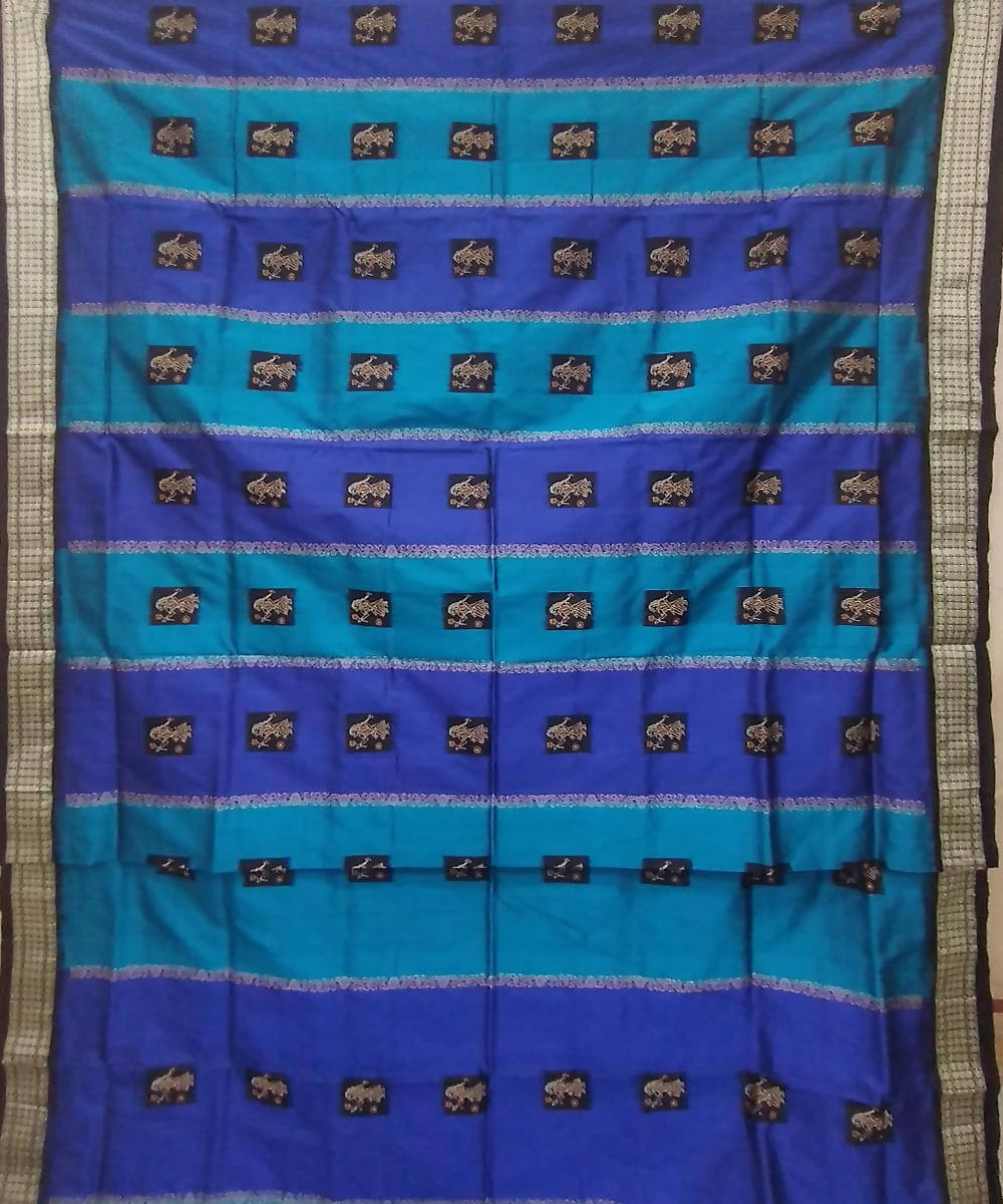 Sky blue black handmade bomkai silk saree