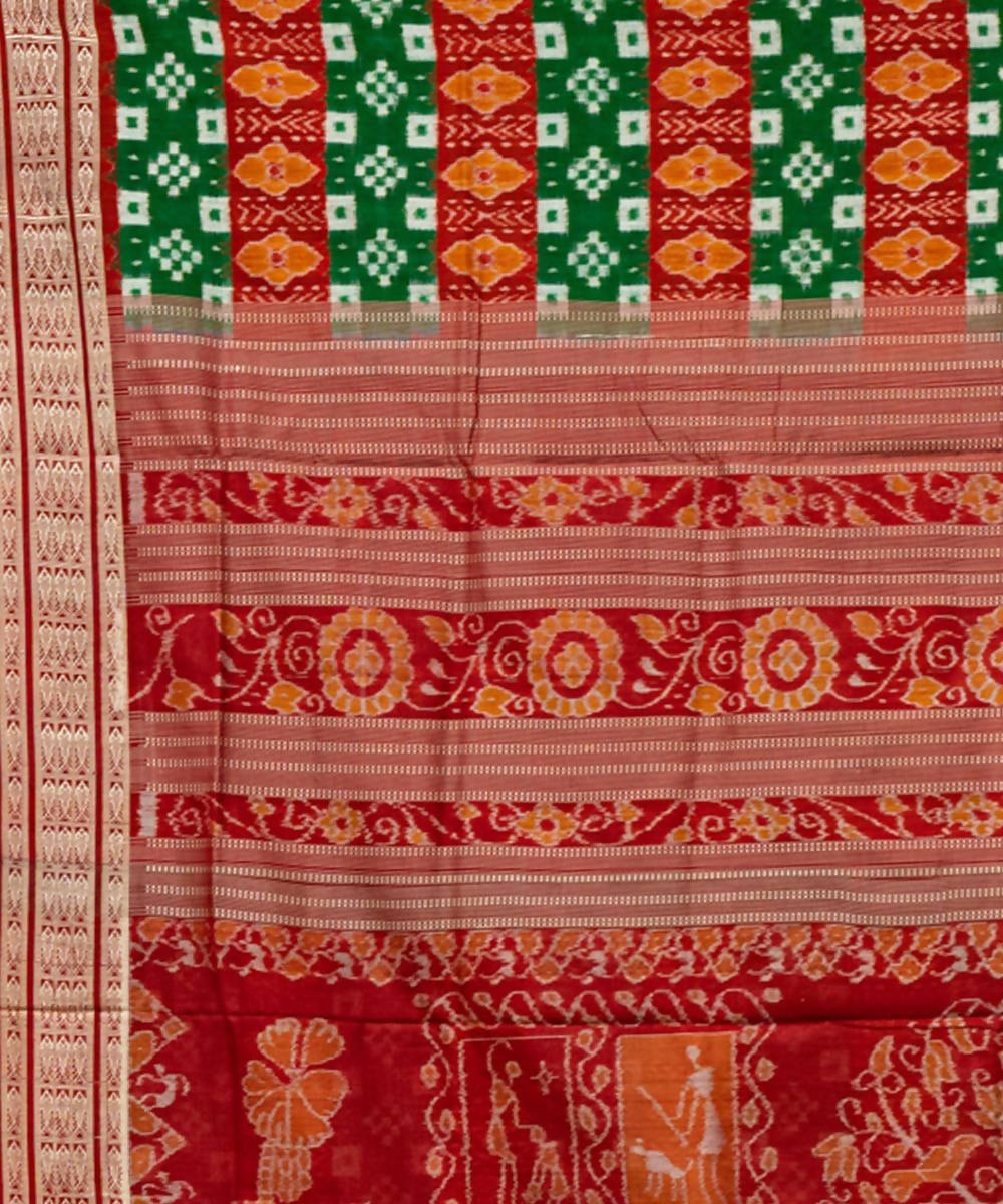 Cadmium green orange red ikat silk handloom sambalpuri saree