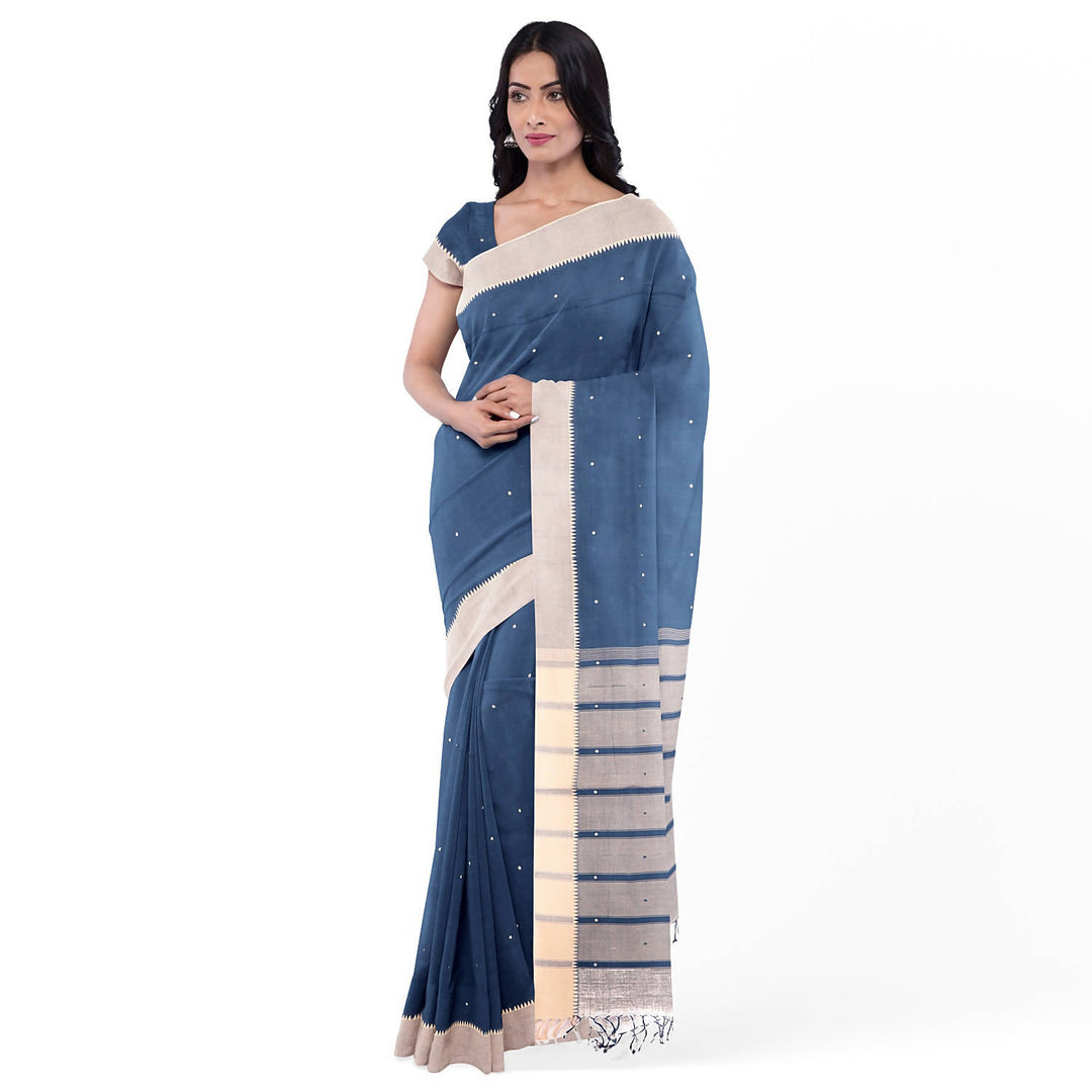 Blue grey handloom cotton bandar saree
