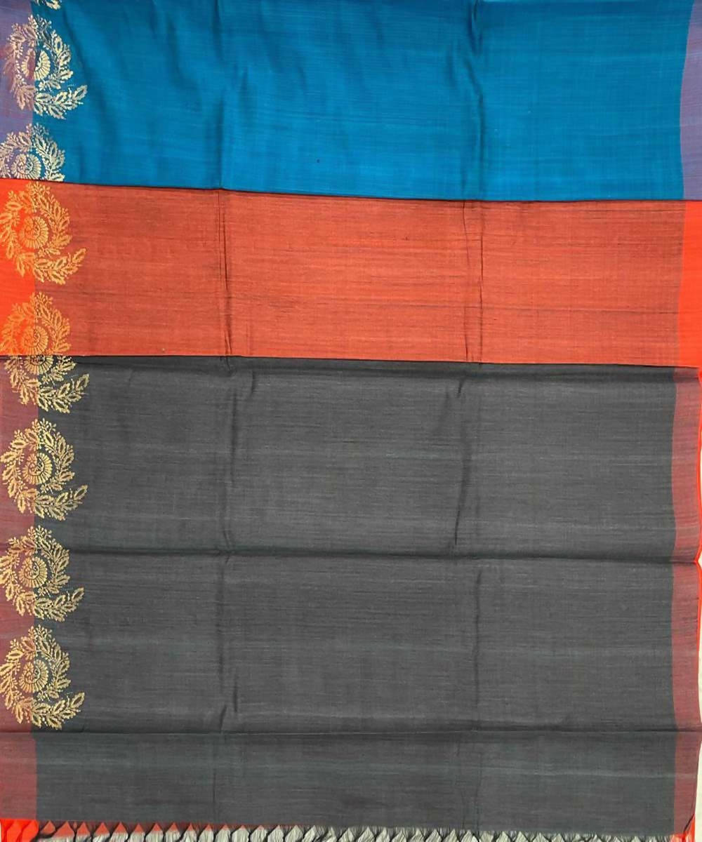 Blue orange grey handwoven plain tussar silk saree
