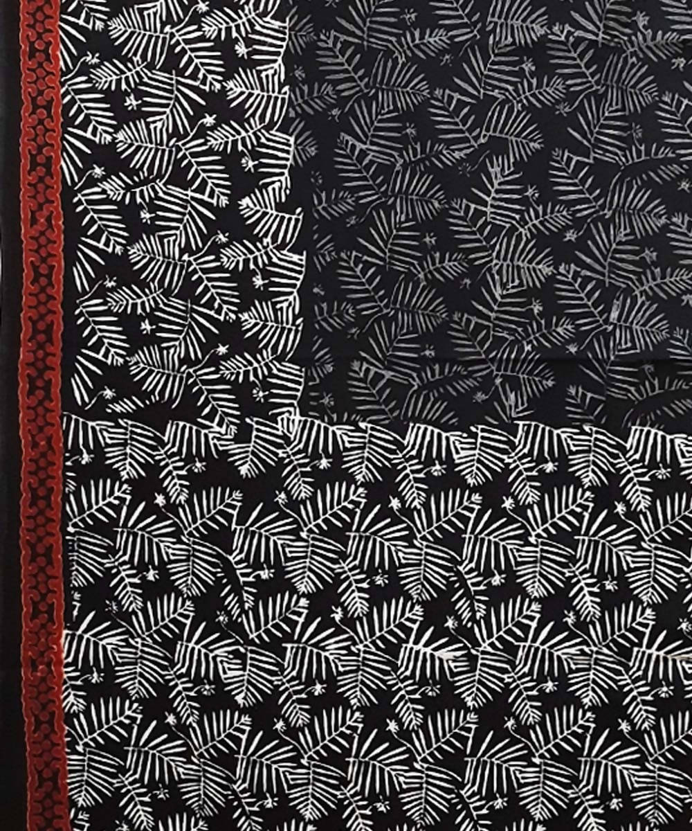 Black grey white hand block print cotton saree
