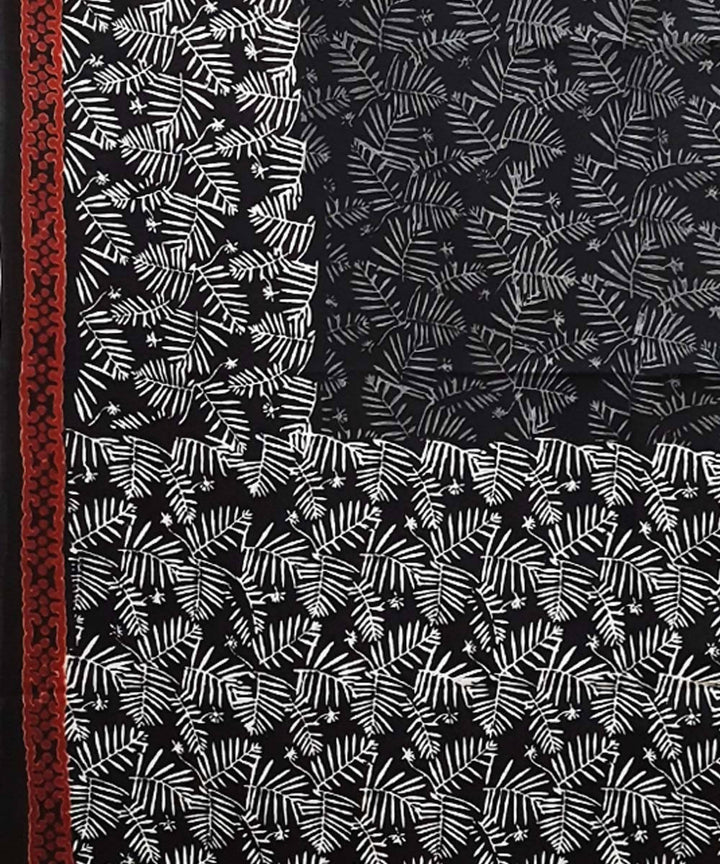 Black grey white hand block print cotton saree