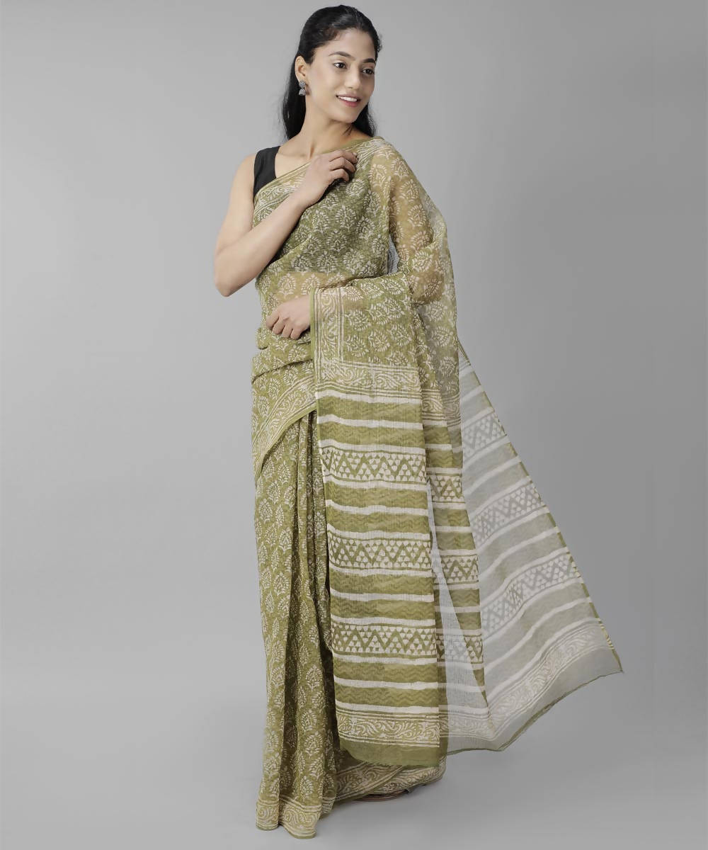 Mehendi green bagru handblock printed cotton saree