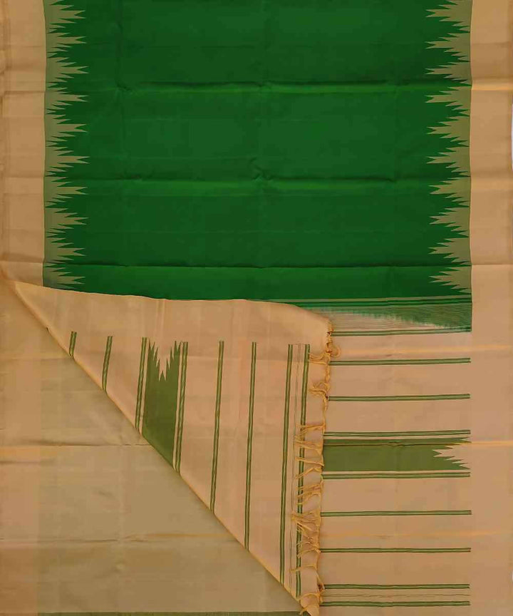 Green and beige korvai temple border handloom silk saree