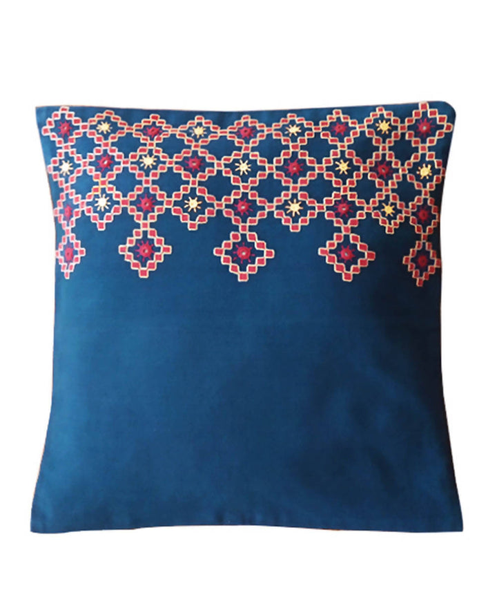 Blue kharak hand embroidery cotton cushion cover