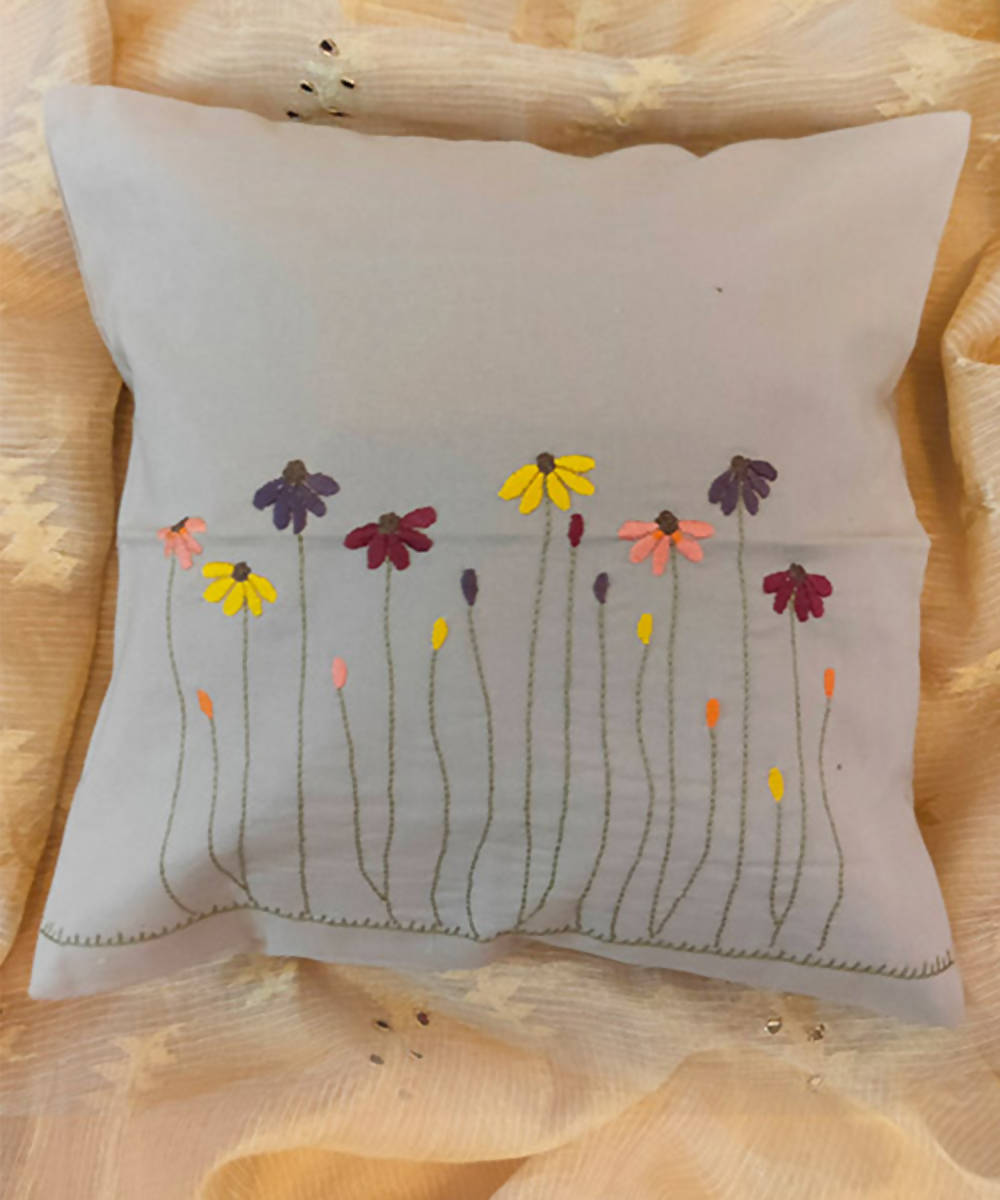 Grey hand embroidered floral cotton cushion cover