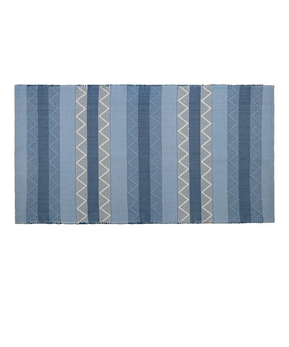 Shades of blue yarn dyed handwoven cotton rug