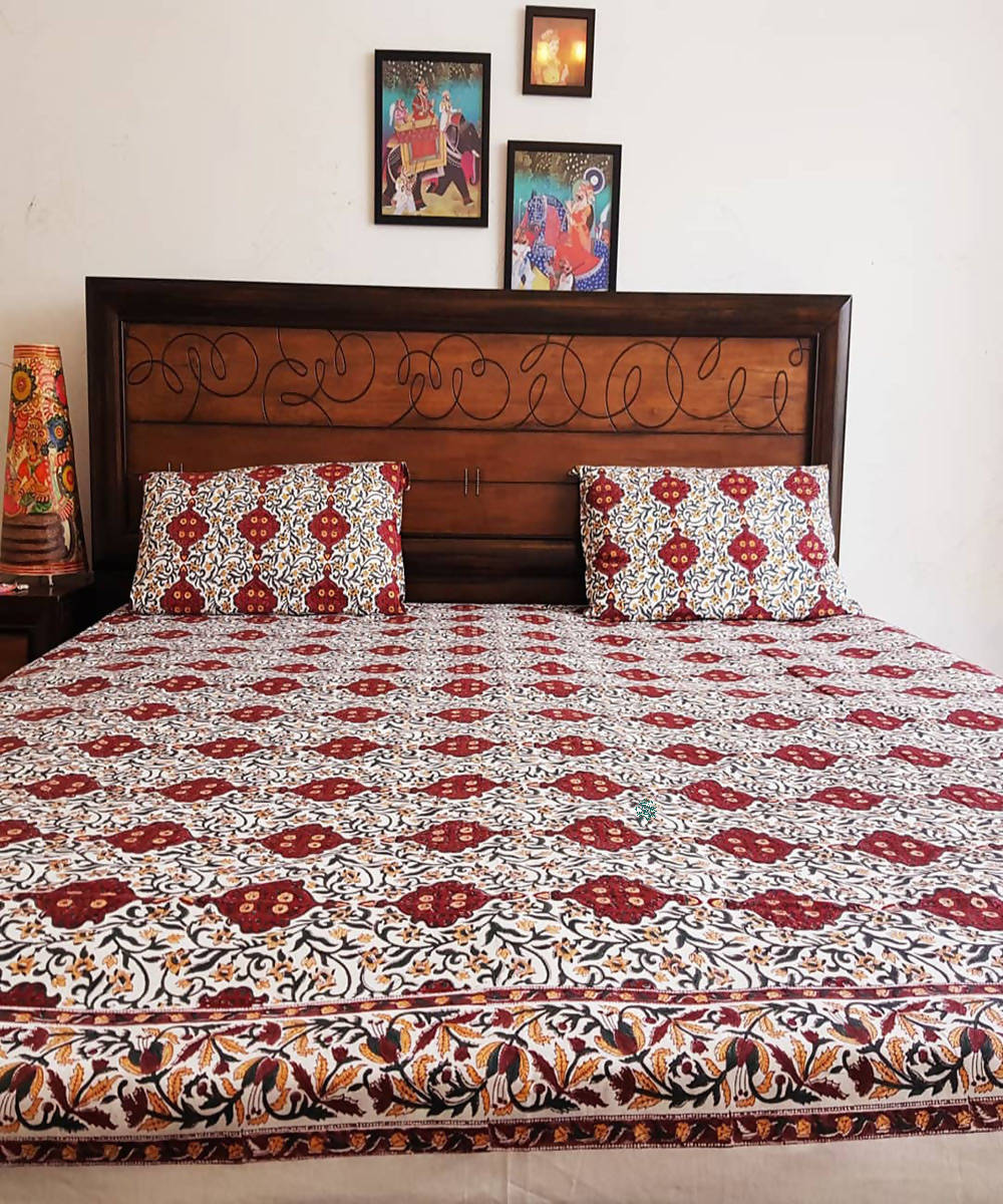 Red and brown Handblock Printed Cotton Bedsheet