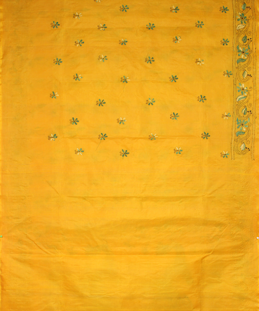 Chrome yellow tussar silk hand embroidery kantha stitch saree