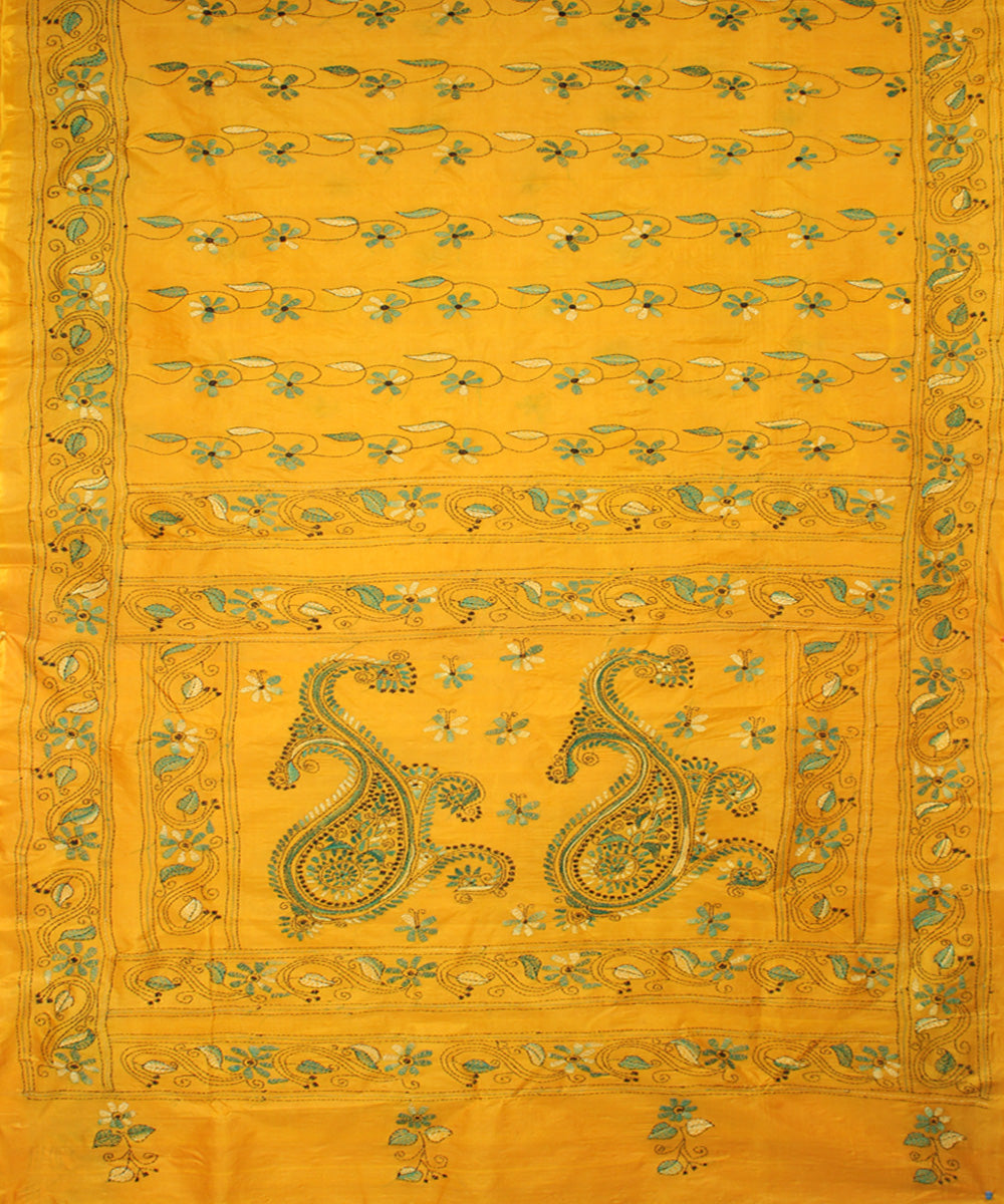 Chrome yellow tussar silk hand embroidery kantha stitch saree