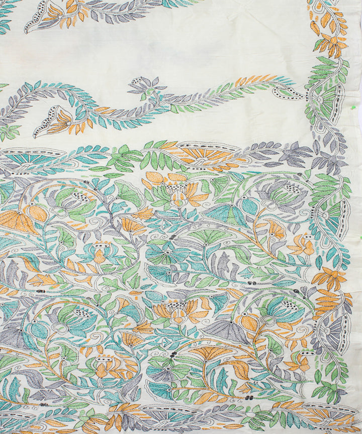 White tussar silk hand embroidery kantha stitch saree