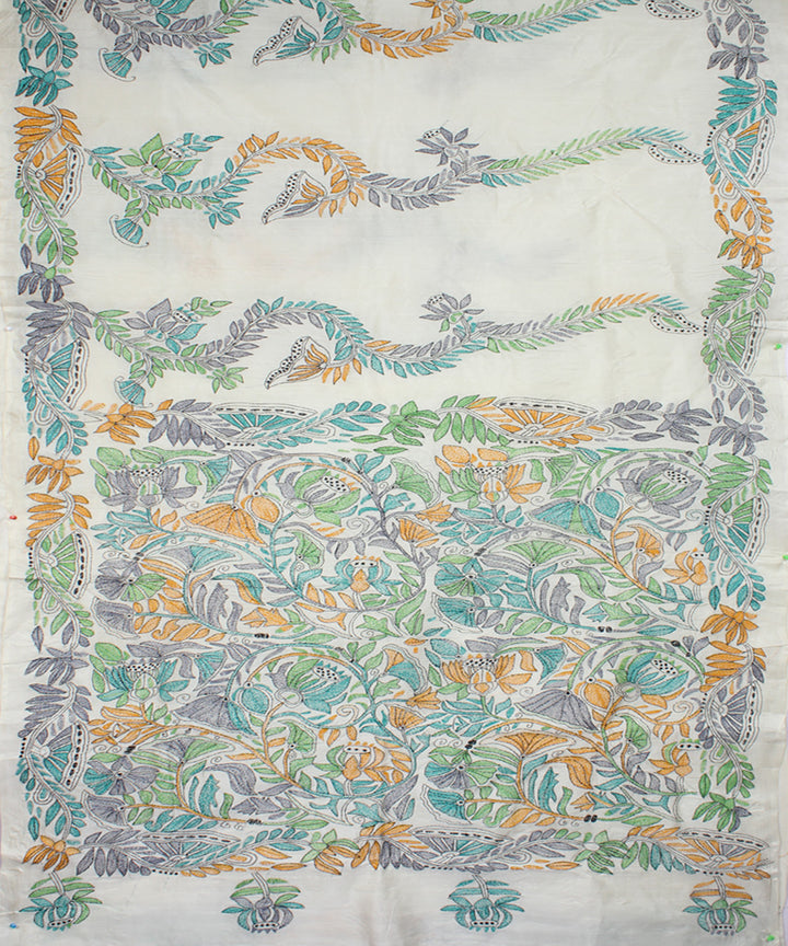 White tussar silk hand embroidery kantha stitch saree