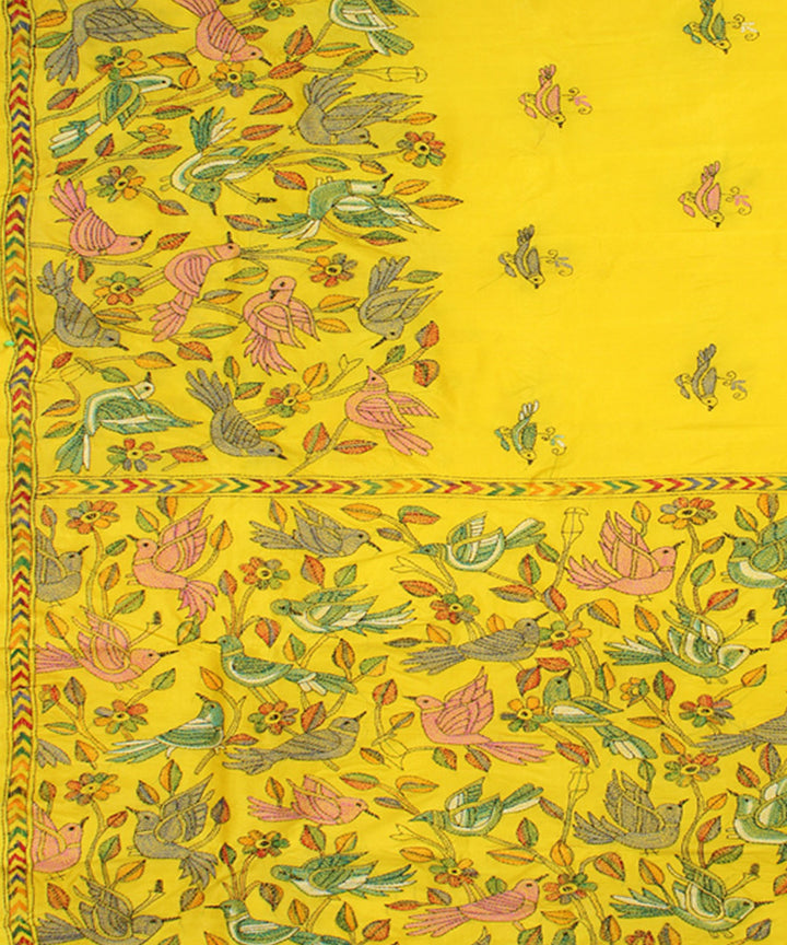 Yellow tussar silk hand embroidery kantha stitch saree