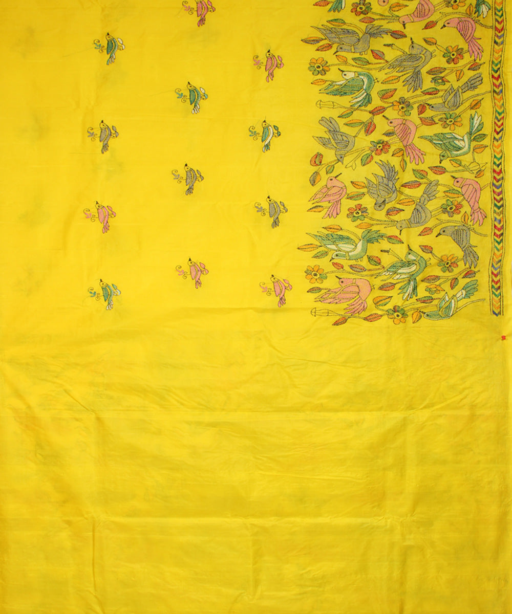 Yellow tussar silk hand embroidery kantha stitch saree