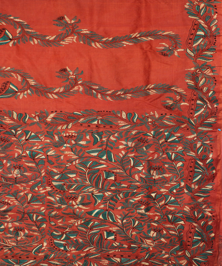 Chestnut brown tussar silk hand embroidery kantha stitch saree