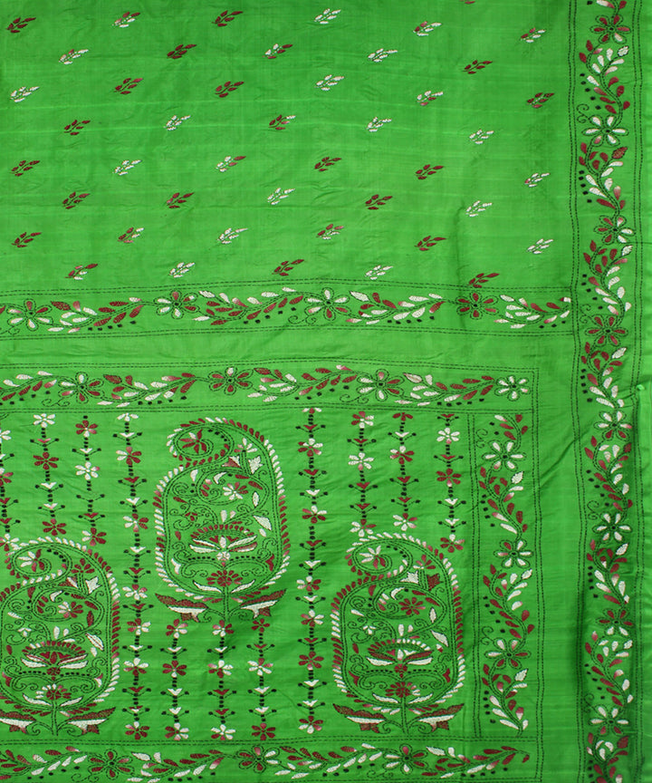 Dark pastel green tussar silk hand embroidery kantha stitch saree