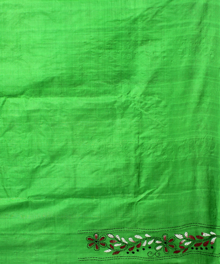 Dark pastel green tussar silk hand embroidery kantha stitch saree