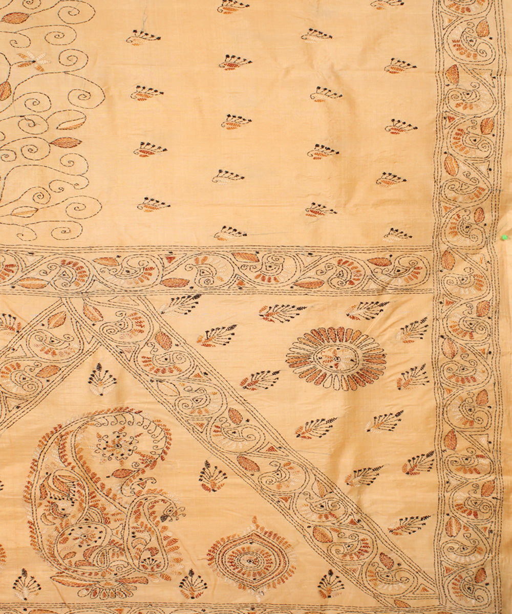 Fawn beige tussar silk hand embroidery kantha stitch saree