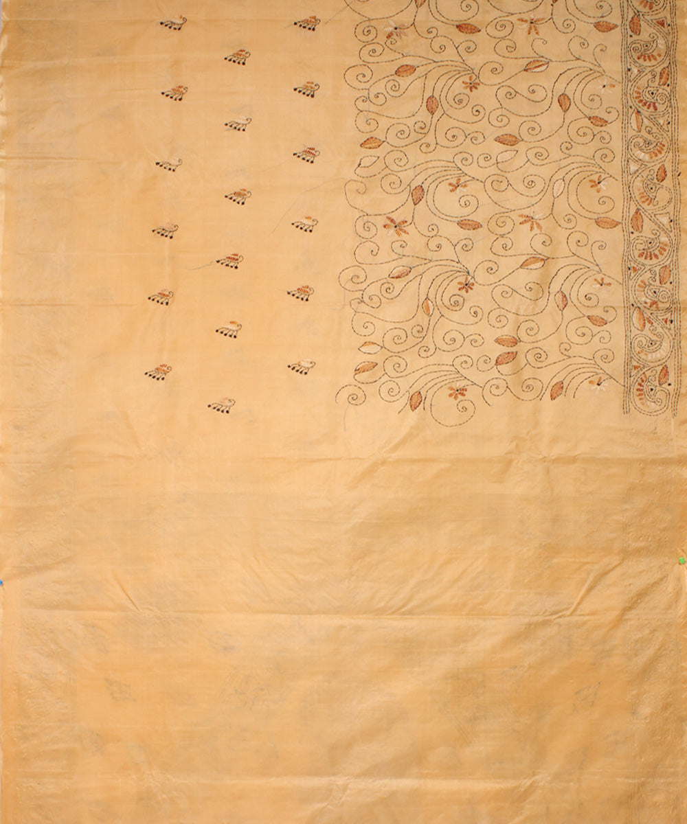 Fawn beige tussar silk hand embroidery kantha stitch saree