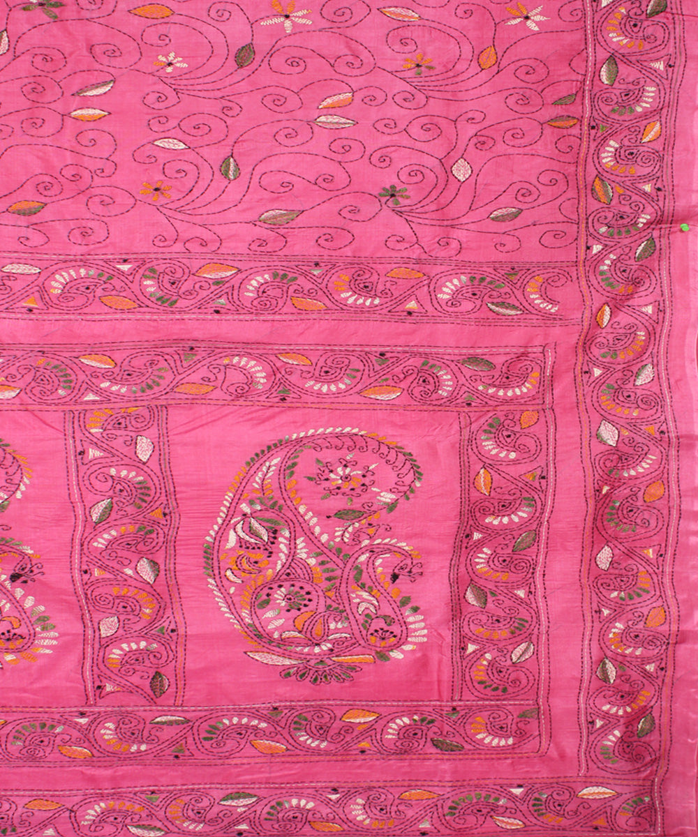 French rose tussar silk hand embroidery kantha stitch saree