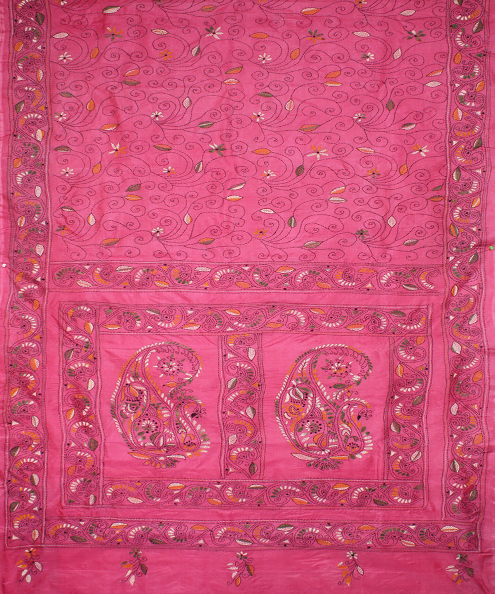 French rose tussar silk hand embroidery kantha stitch saree