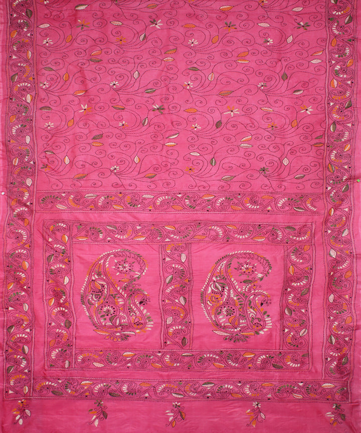 French rose tussar silk hand embroidery kantha stitch saree