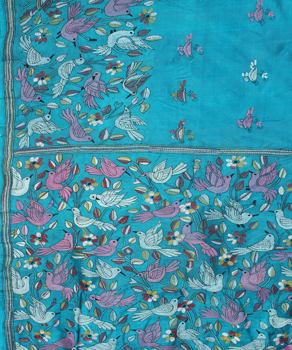 Cyan cornflower blue tussar silk hand embroidery kantha stitch saree