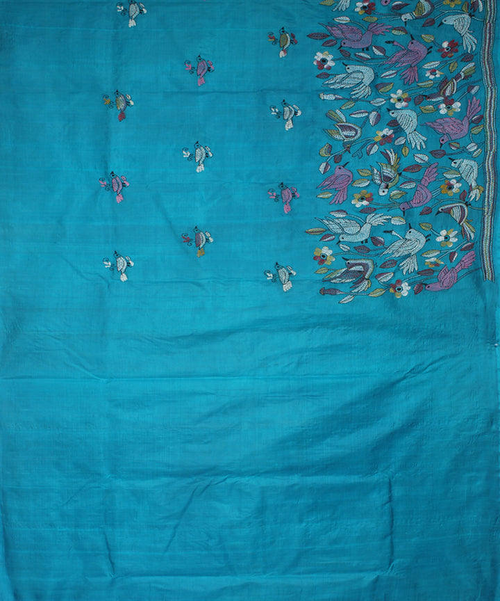 Cyan cornflower blue tussar silk hand embroidery kantha stitch saree