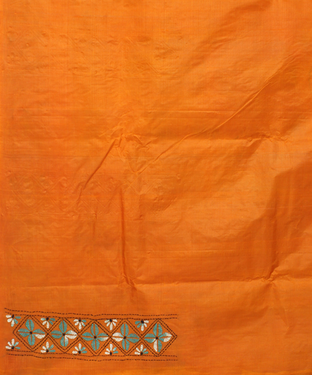 Carrot orange tussar silk hand embroidery kantha stitch saree