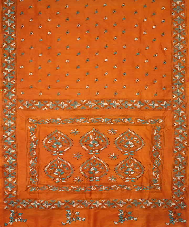 Carrot orange tussar silk hand embroidery kantha stitch saree