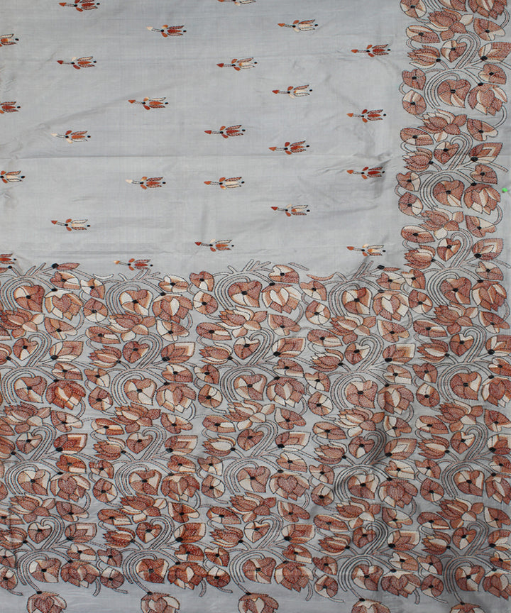 Ash grey tussar silk hand embroidery kantha stitch saree