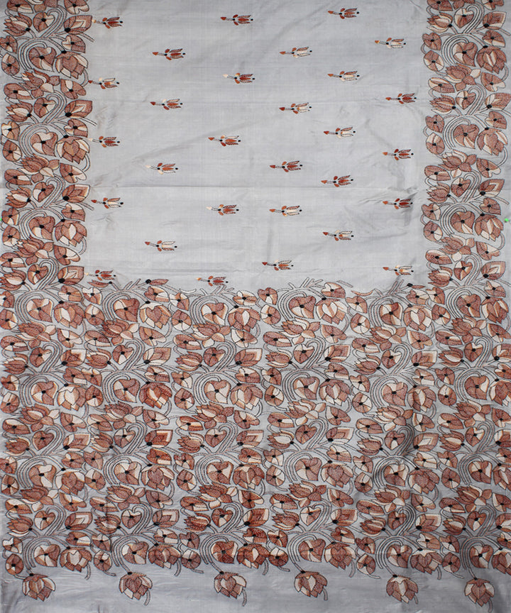 Ash grey tussar silk hand embroidery kantha stitch saree
