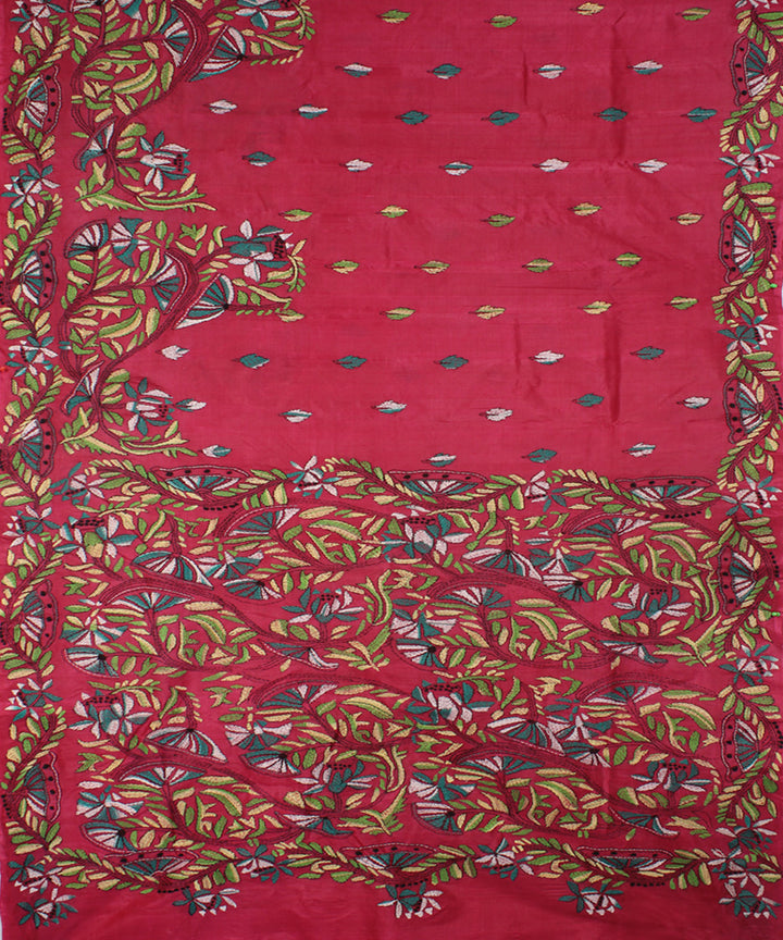 Deep pink tussar silk hand embroidery kantha stitch saree