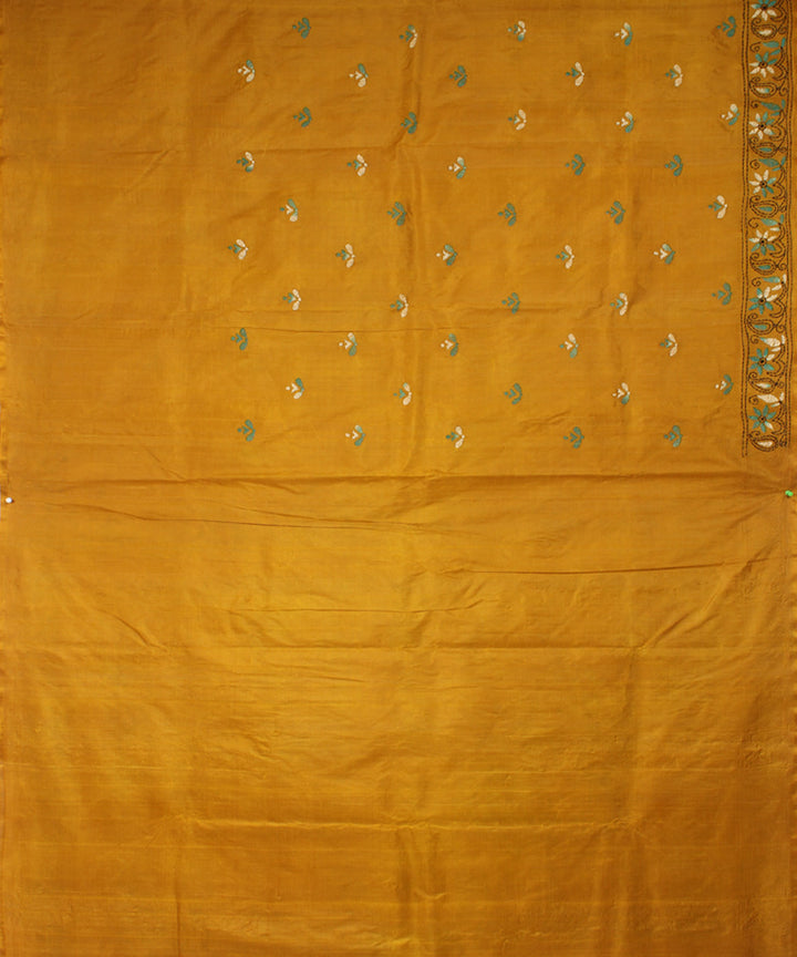 Dark mustard tussar silk hand embroidery kantha stitch saree