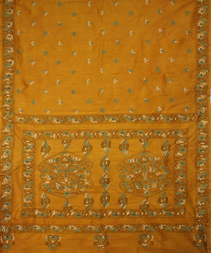Dark mustard tussar silk hand embroidery kantha stitch saree